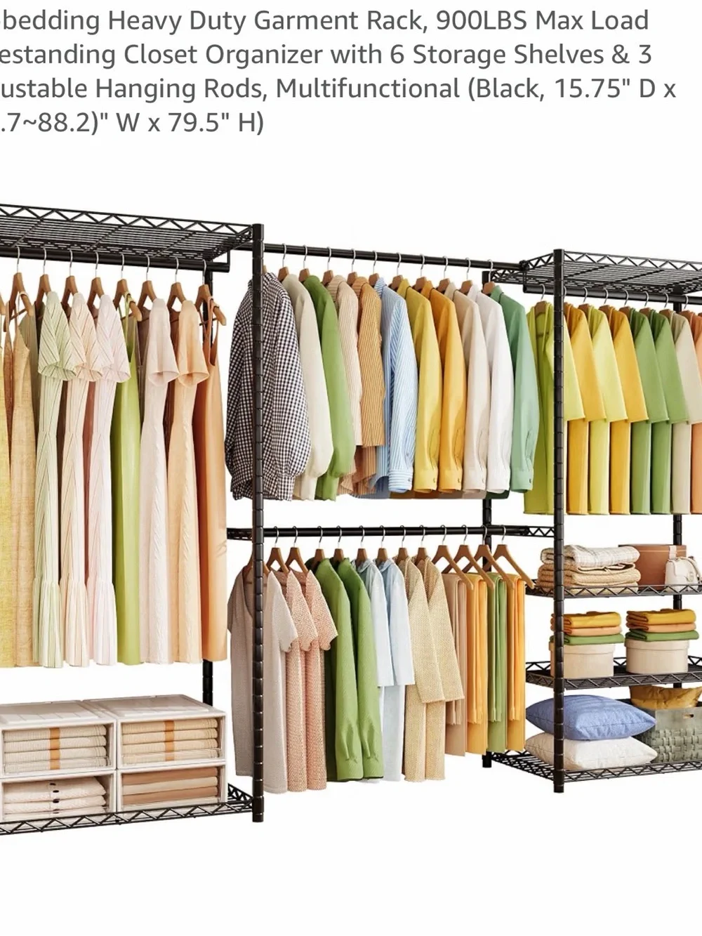 Adjustable Black Metal Closet Organizer Rack with Multiple Shelves & Rods